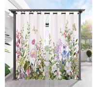 ANHOPE Rideaux D'extérieur Imperméable Rideaux Extérieur avec Oeillet Rideau Imprime Aquarelle Fleur Papillon Rideau pour Jardin Pergola Terrasse Balcon 132L X 275H cm (2 Panneaux)