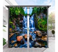 ANHOPE Rideaux D'extérieur Imperméable Rideaux Extérieur avec Oeillet Rideau Imprime Nature Paysage Cascade Rivière Rideau pour Jardin Pergola Terrasse Balcon 132L X 214H cm (2 Panneaux)