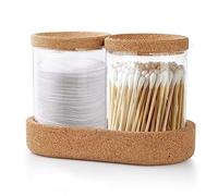 Anhow 2 Pièces Boite Coton Tige, Distributeur Coton Tige avec Couvercle en Liège pour Salle de Bain Boîtes Rangement Coton pour Demaquillant/Cotons-tiges/Fil Dentaire - Transparente