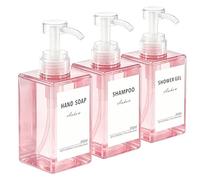 Anhow 3 Pièces 450ml Distributeur Savon, Flacon Pompe Vide Distributeur Gel Douche Rechargeable avec Étiquettes pour Douche et Salle de Bain - Transparent Rose
