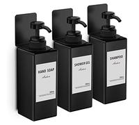 Anhow 3 Pièces Distributeur de Savon 500ml, Distributeur de Pompe à Presser Mural avec 16pcs Étiquettes No Perçage pour Cuisine et Salle de Bain - Noir