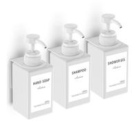 Anhow 3 Pièces Distributeur Savon Mural 450ml, Distributeur Gel Douche de Pompe à Presser avec Étiquettes No Perçage pour Cuisine et Salle de Bain - Blanc