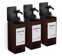 Anhow 3 Pièces Distributeur Savon Mural 500ml, Distributeur Gel Douche de Pompe à Presser avec Étiquettes No Perçage pour Cuisine et Salle de Bain - Brun