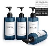Anhow 4pcs Distributeur de Savon Douche 500ml, PETG Rechargeable Flacon Pompe Vide avec 16 Étiquettes pour Cuisine et Salle de Bain - Bleu
