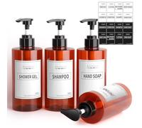 Anhow 4pcs Distributeur de Savon Douche 500ml, PETG Rechargeable Flacon Pompe Vide avec 16 Étiquettes pour Cuisine et Salle de Bain - Brun