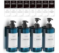 Anhow Distributeur de Savon Mural 500ml, 4 Pièces Distributeur Gel Douche avec Étiquettes No Perçage pour Cuisine et Salle de Bains - Bleu