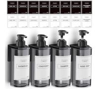 Anhow Distributeur de Savon Mural 500ml, 4 Pièces Distributeur Gel Douche avec Étiquettes No Perçage pour Cuisine et Salle de Bains - Gris