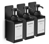 Anhow Distributeur Savon Mural 450ml, 3 Pièces Distributeur Gel Douche de Pompe à Presser avec Étiquettes No Perçage pour Cuisine et Salle de Bain - Noir