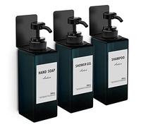 Anhow Distributeur Savon Mural 500ml, 3 Pièces Distributeur Gel Douche de Pompe à Presser avec Étiquettes No Perçage pour Cuisine et Salle de Bain - Bleue