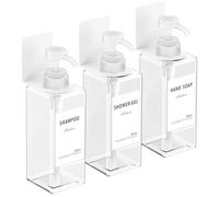 Anhow Distributeur Savon Mural 500ml, 3 Pièces Distributeur Gel Douche de Pompe à Presser avec Étiquettes No Perçage pour Cuisine et Salle de Bain - Transparent