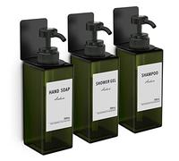Anhow Distributeur Savon Mural 500ml, 3 Pièces Distributeur Gel Douche de Pompe à Presser avec Étiquettes No Perçage pour Cuisine et Salle de Bain - Verte