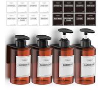 Anhow Lot de 4 Distributeur Savon Mural, 300ml Distributeur Gel Douche avec Étiquettes No Perçage pour Cuisine et Salle de Bains - Brun