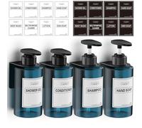 Anhow Lot de 4 Distributeur Savon Mural, 300ml Distributeur Gel Douche avec Étiquettes No Perçage pour Cuisine et Salle de Bains - Bleu