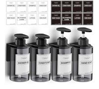 Anhow Lot de 4 Distributeur Savon Mural, 300ml Distributeur Gel Douche avec Étiquettes No Perçage pour Cuisine et Salle de Bains - Gris