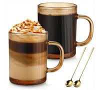 Anhow Tasse a Cafe, 350 ml Verre Matcha avec Cuillères Or Lot de 2 Verre a Eau rayé pour Cappuccino, Expresso, Latte, Thé, Lait, Jus Boissons, Or, 350 ml