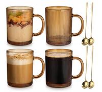 Anhow Tasse a Cafe, 350 ml Verre Matcha avec Cuillères Or Lot de 4 Verre a Eau rayé pour Cappuccino, Expresso, Latte, Thé, Lait, Jus Boissons, Or, 350 ml