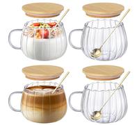 Anhow Tasse Cappuccino Ensemble De 4, 450ml Verre Latte Macchiato avec Anse Verre a Eau avec Cuillère et Couvercle pour Cappuccino, Latte, Céréales, Yaourt, Lait