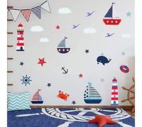 ANHUIB 30 Pcs Sticker Muraux Animaux Marins,Autocollant Muraux Animaux Chambre D'enfant/Bébé,Autocollant Mural Monde Sous-Marin,Sticker Mural de Salle de Bain Animal,Stickers Muraux Phare Décoration