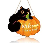 ANHUIB Décoration murale d'Halloween, panneau en bois Trick or Treat - Décoration de porte d'Halloween en forme de chat noir - Décoration de porte de bienvenue à suspendre - Décoration murale