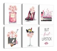 ANHUIB Lot de 6 impressions sur toile de maquillage tendance pour femmes et filles, décoration murale rose pour salle de bain (20,3 x 25,4 cm, encadré), décoration esthétique à talon haut pour