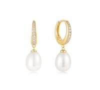 ANIA HAIE Boucles d'oreilles créoles Chic Creator Freshwater Pearl and White Cubic Zirconia Pavé Drop Huggies en argent sterling 925 plaqué or 14 carats, ornées de 20 zircones et de 2 perles