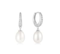 ANIA HAIE Boucles d'oreilles créoles Chic Creator Freshwater Pearl and White Cubic Zirconia Pavé Drop Huggies en argent sterling 925, ornées de 20 zircones et 2 perles, taille : 8,5 x 1,5~3 mm