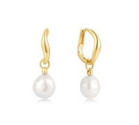 ANIA HAIE Boucles d'oreilles créoles Chic Creator Freshwater Pearl Drop Hoops en argent sterling 925 plaqué or 14 carats, ornées de 2 perles d'eau douce, dimensions : 12 x 1,5~3 mm, emballage cadeau