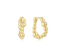 ANIA HAIE Melodic Poet Bezel Bezel Beaded Curved Huggie Hoop Boucles d'oreilles en argent sterling plaqué or 14 carats avec 6 zircons et perles d'or, longueur 16 mm, boîte cadeau incluse