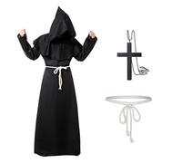 Aniepaa Robe Médiévale avec Capuche et Croix, Costume Halloween Homme, Costume de Prêtre Homme, Robe de Cosplay Robe à Capuche Homme Costume de Moine pour Halloween, Médiévale, Renaissance (Noir, L)