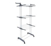 Anika 60099 Séchoir à Linge Pliable à 3 Niveaux avec roulettes, Crochets de Suspension et Rails à Chaussures pour intérieur et extérieur avec capacité de 36 kg, Acier Inoxydable, Gris, 75-126 x 64 x