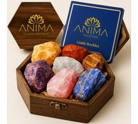 ANIMA Coffret 7 Chakras en Pierres Précieuses pour Équilibre Énergétique - Cristaux Naturels Bruts : Améthyste, Quartz Rose, Citrine, Lapis-Lazuli, Quartz Clair, Œil de Tigre - Boîte Cadeau en Bois