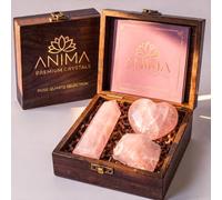 Anima® Coffret de Quartz Rose pour Amour, Soin de Soi et Connexion | Élégant coffret cadeau en bois avec tour, cristal brut et cœur sculpté en quartz rose, plus un guide détaillé