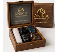 ANIMA Coffret Pierres Précieuses de Protection - Cristaux Naturels Brutes: Obsidienne Noire, Tourmaline, Labradorite, Quartz Fumé et Sélénite pour Protection Énergétique - Boîte Cadeau en Bois