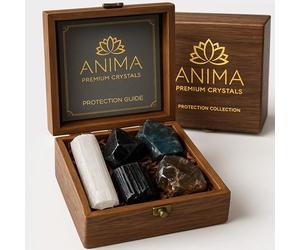 ANIMA Coffret Pierres Précieuses de Protection - Cristaux Naturels Brutes: Obsidienne Noire, Tourmaline, Labradorite, Quartz Fumé et Sélénite pour Protection Énergétique - Boîte Cadeau en Bois