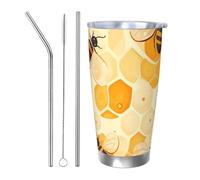 Animal Bee Gobelet isotherme en acier inoxydable avec 2 pailles et couvercle pour voiture - Rue et nid d'abeille - Gobelet isotherme de voyage en acier inoxydable pour boissons chaudes et froides