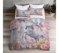 Animal Couette 4 Saisons 220 x 240 cm - Rêveur Cheval Blanc Fleurs Papillons Imprimée Reversible Édredon sans Housse, Rose Clair Lavable Douce et Confortable Couette avec 2 Taies 65x65 cm