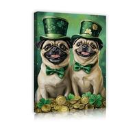 Animal de compagnie en haut-de-forme vert et nœuds papillon Art mural en toile Portrait de chien sur le thème de la Saint-Patrick Murale Affiche festive pour la décoration de salle de bain 70x85cm