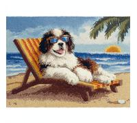 Animal Diy Kit Crochet Debutant Complet Chien Saint-Bernard Sur Une Chaise De Plage Kit De Tapis Au Crochet,Coussin Faits Main Avec Pré-Impression,Cadeau Artisanal 3D À Faire Soi-Même 52x38cm