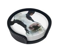 Animal Drôle Tête de Vache Noir Blanc,Lot de 6 Dessous de Verre Ronds en Cuir synthétique avec Support pour la Maison, Le Bureau et la Cuisine
