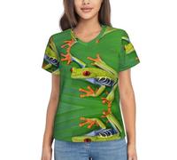 Animal Grenouille Feuilles Vertes Imprimé Léger Décontracté Mode Été Tendance Tendance T-shirt à col en V pour femme T-shirt d'été amusant à manches courtes, Noir , XXL