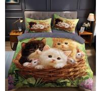 Animal Housse de Couette 140x200 cm 1 Personne Caresser Trois Chatons Parure de lit Microfibre Imprimée avec Fermeture à glissière et 1 taies d'oreiller pour Chambre Enfant ado et Adulte
