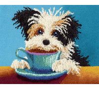 animal Latch Hook Rug Kits for Adults Beginners,Un chien blanc et une tasse de thé,DIY with Printed Canvas Crochet Yarn Handmade Embroidery Crafts Crochet for Home Decoration,80x115cm