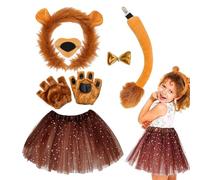 Animal Lion Set - Maquillage Costume, Design réaliste Halloween, Headband Fancy Gloves, Decoration Parties Kit | Reddish Brown Outfit Plush Hairbands for Children Stage Performances Show