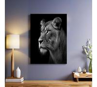 Animal Lion Tableau mural Noir Impression sur toile 60x40 cm Peinture moderne décorative avec cadre bois Décoration intérieure salon chambre restaurant café