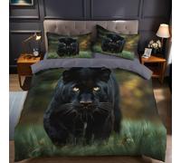 Animal Panthère Noire Housse de Couette 140x200 cmHerbe Verte Parure de Lit 3 Pièces 1 Personne en Microfibre avec 1 Taies d’Oreiller, Ensemble de Literie Doux et Confortable
