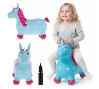 sun baby Animal Sauteur Gonflable, Jouet Enfant 1 an pour l'intérieur et l'extérieur, Design Ergonomique, Pompe Manuelle Incluse (Licorne Bleu et Rose)