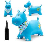 Animal sauteur gonflable, jouet enfant 1 an pour l'intérieur et l'extérieur, pompe manuelle incluse (Hippo Bleu avec Bandana)