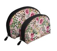 Animal Tigre Imprimé Léopard Rose Fleur Imprimé, Trousse de Maquillage Coquille Femme Petit Porte-Monnaie Trousse de Toilette Trousse à cosmétiques 2 pièces