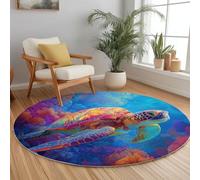 Animal Tortue Récif Corallien Rond Tapis Salon 160 cm Monde Sous-Marin Rond Tapis Intérieur, Bleu Douce Dessous antidérapant Moquette Nettoyage Facile Moquette pour Salon Chambre Salle à Mange