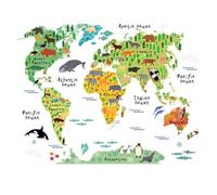 Animal World Map - Large Learning Stickers, Animal Landmarks Wall Sticker Educational Geography Mural with Colorful Continent Illustrations for Playroom Library Living Room and Bedroom